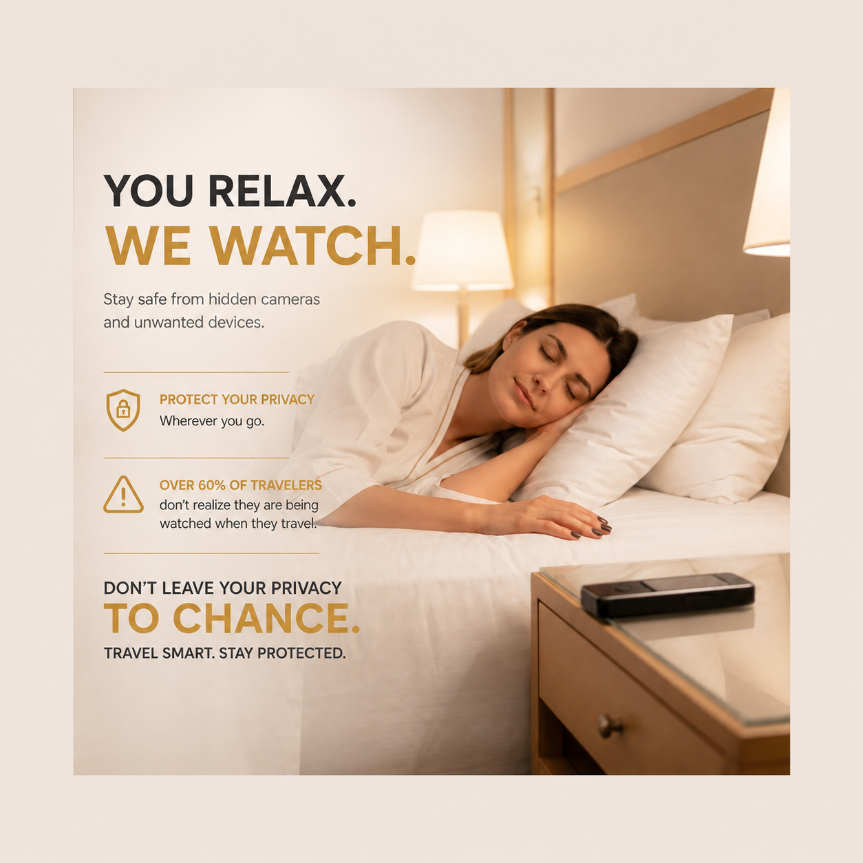 Black IGYA intelligent detector on a bedside surface, with privacy message card
