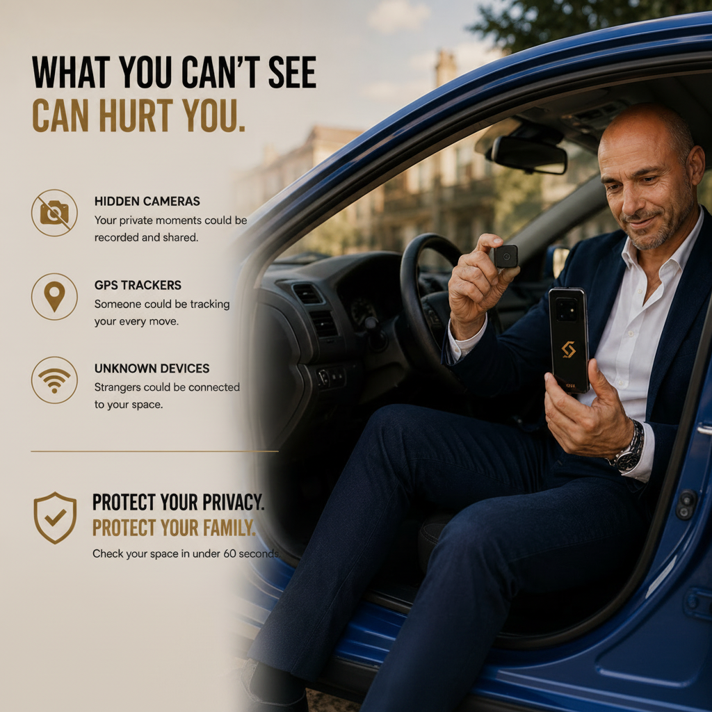 IGYA Intelligent Detector small black detector held up while seated in a car