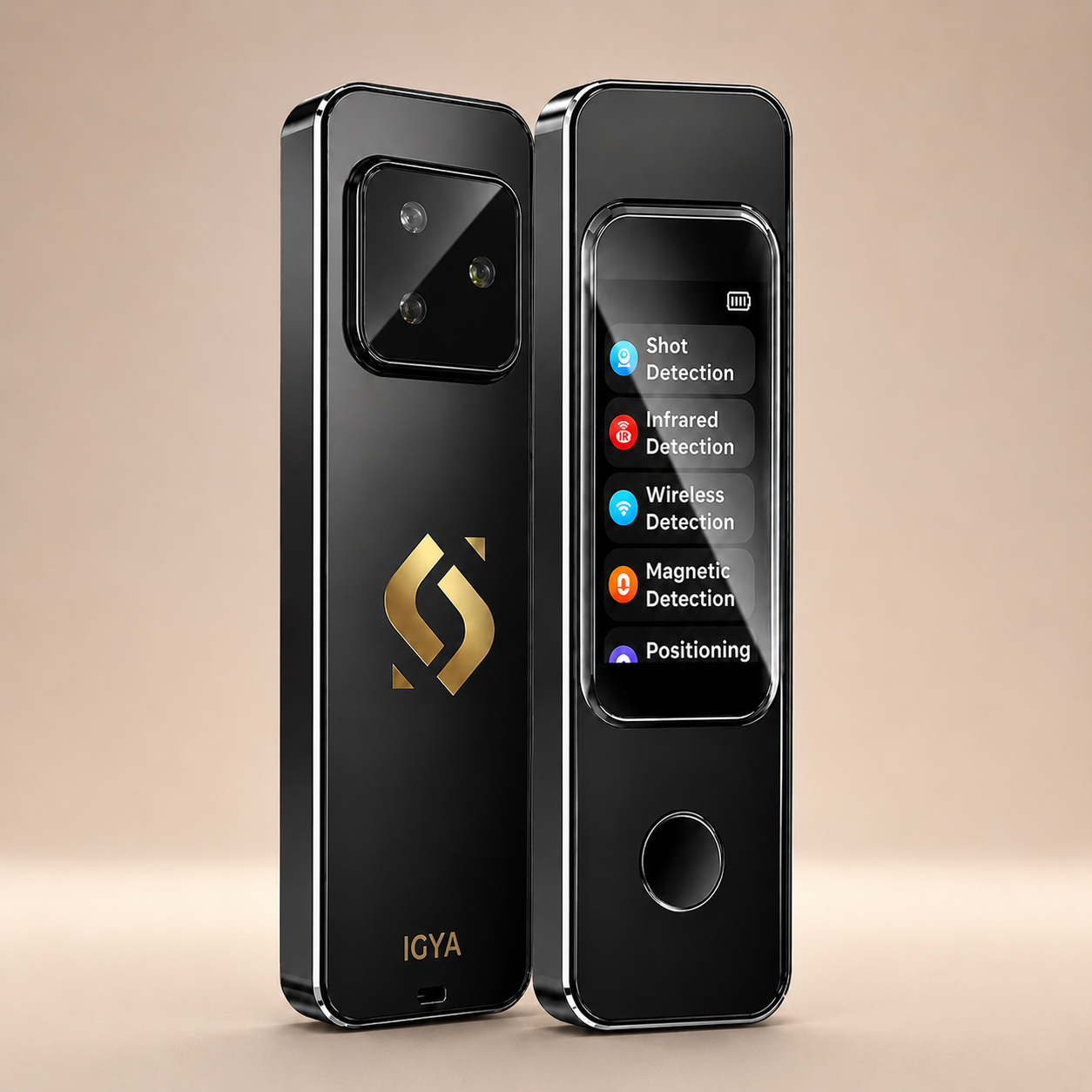 Black handheld smart detector with illuminated detection menu panel and indicator LEDs