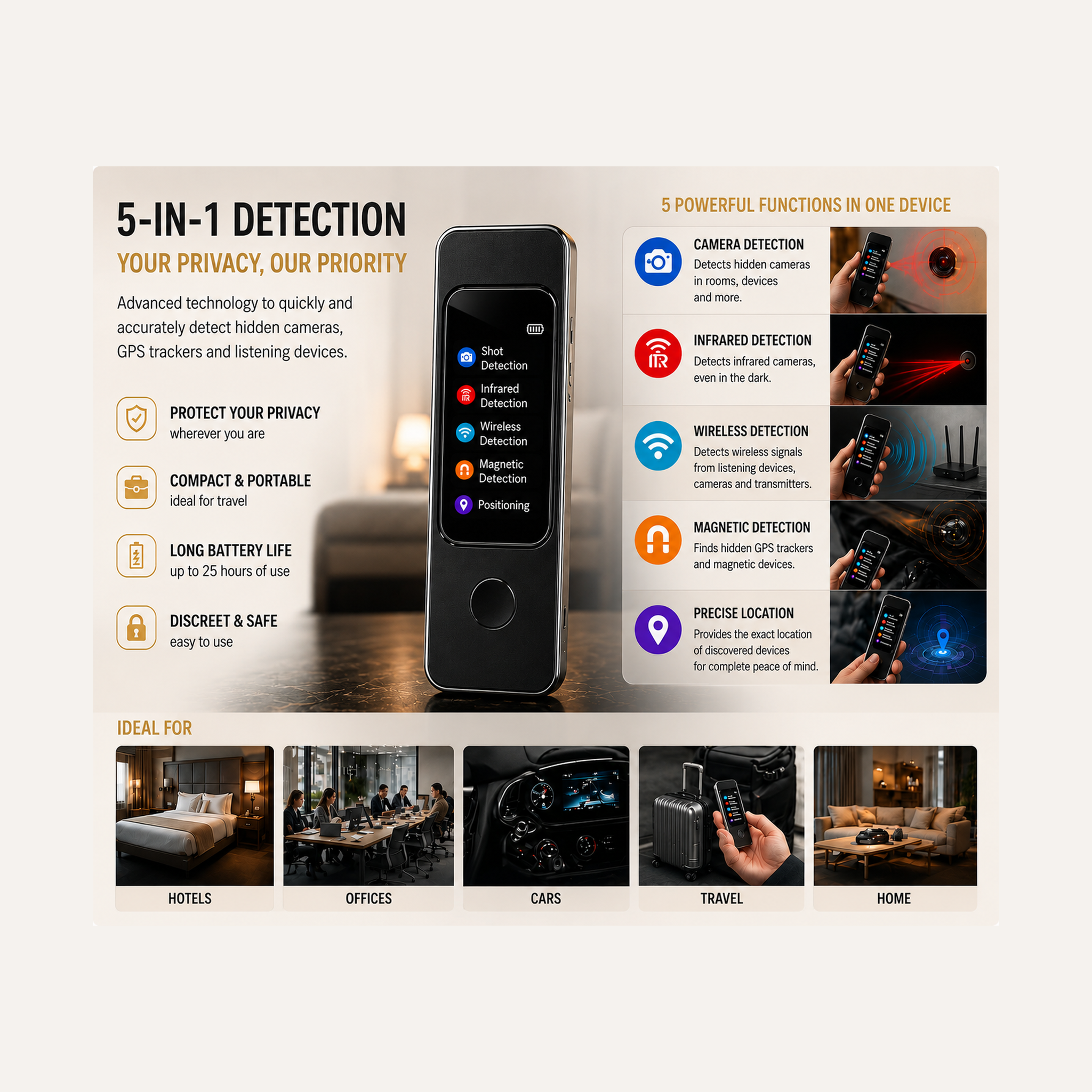 Black IGYA intelligent detector with side display panel, shown with feature card and photos