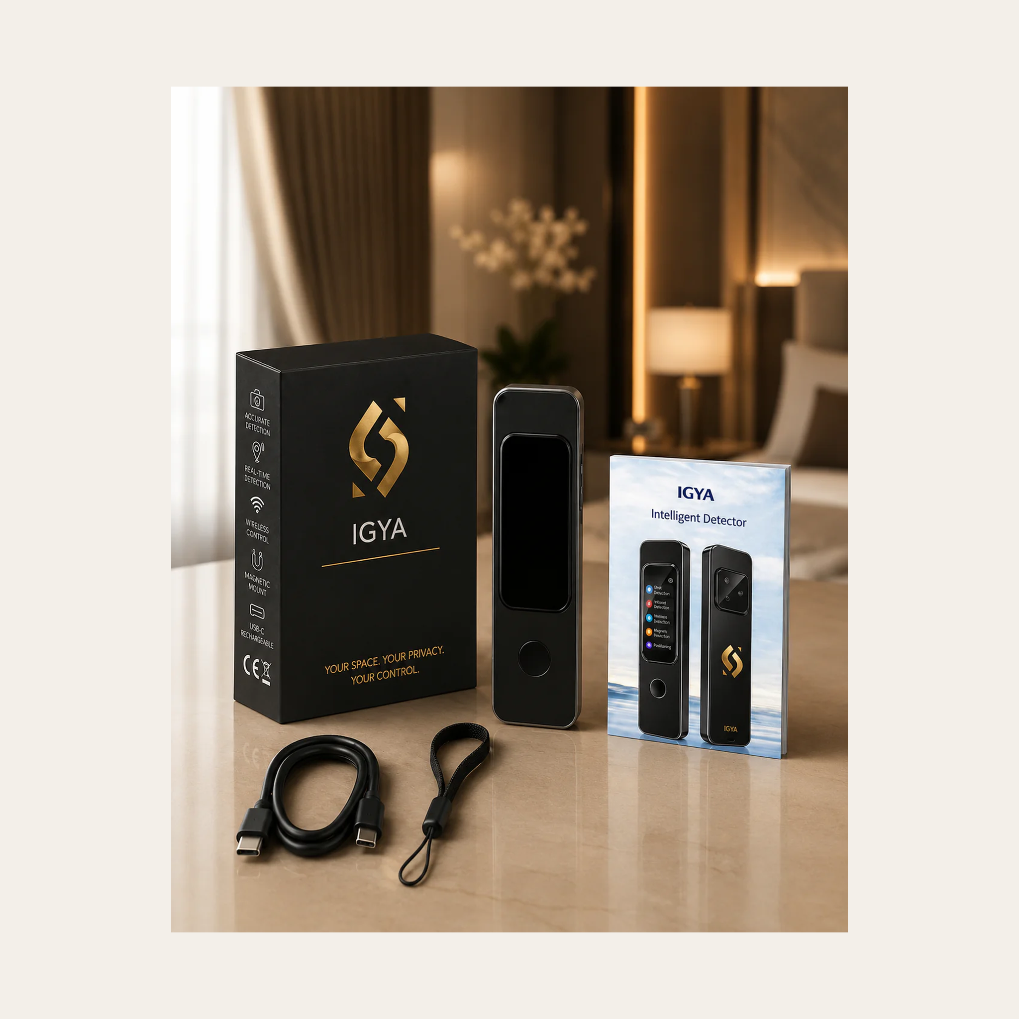 Intelligent detector device with black packaging and accessories, including cable and strap