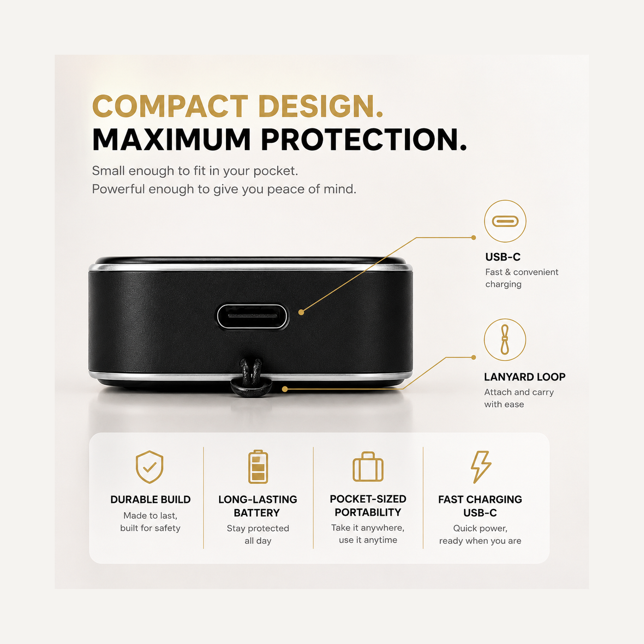 Compact black IGYA intelligent detector dock with USB-C port and attached lanyard loop