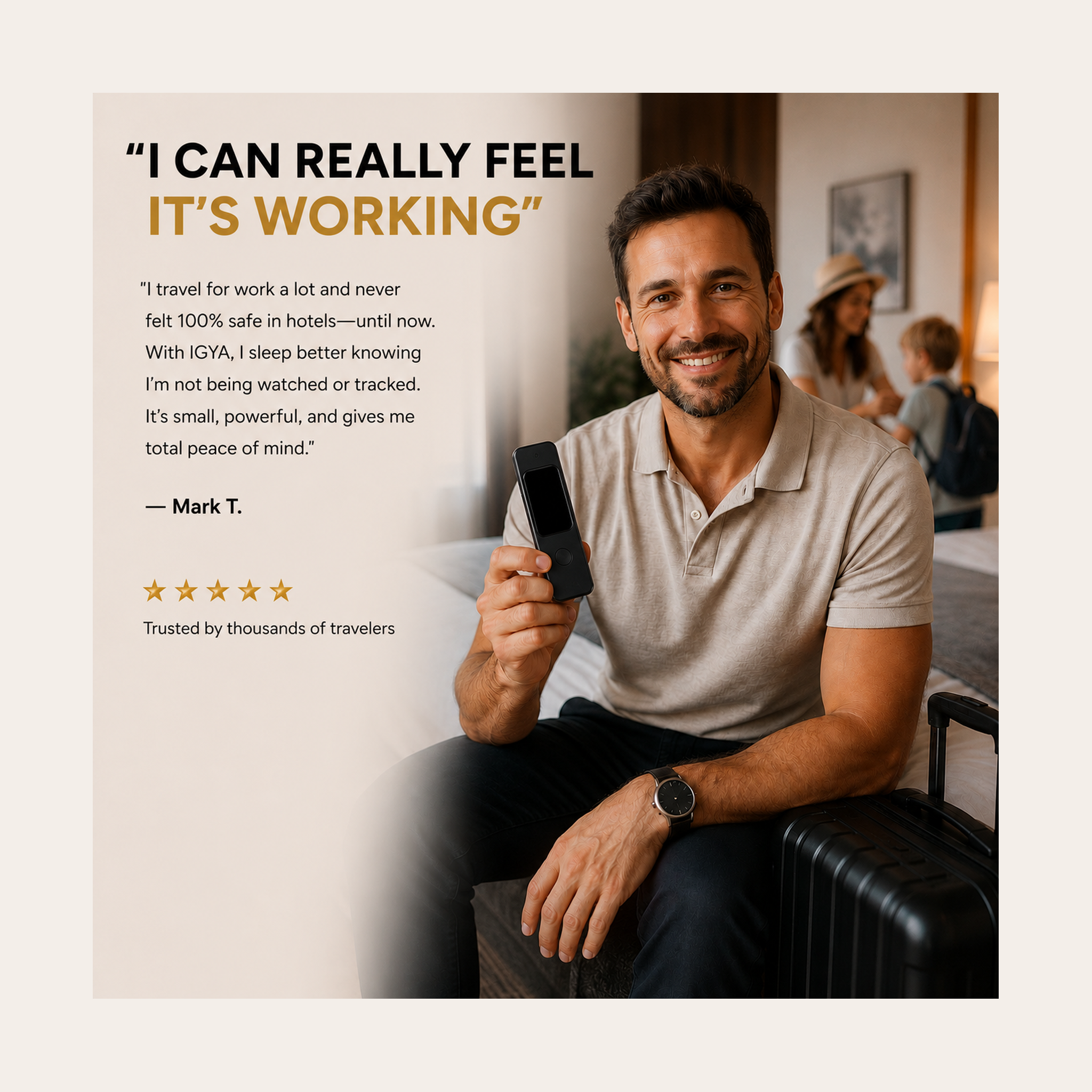 Black IGYA intelligent detector held in a man’s hand next to a travel review card