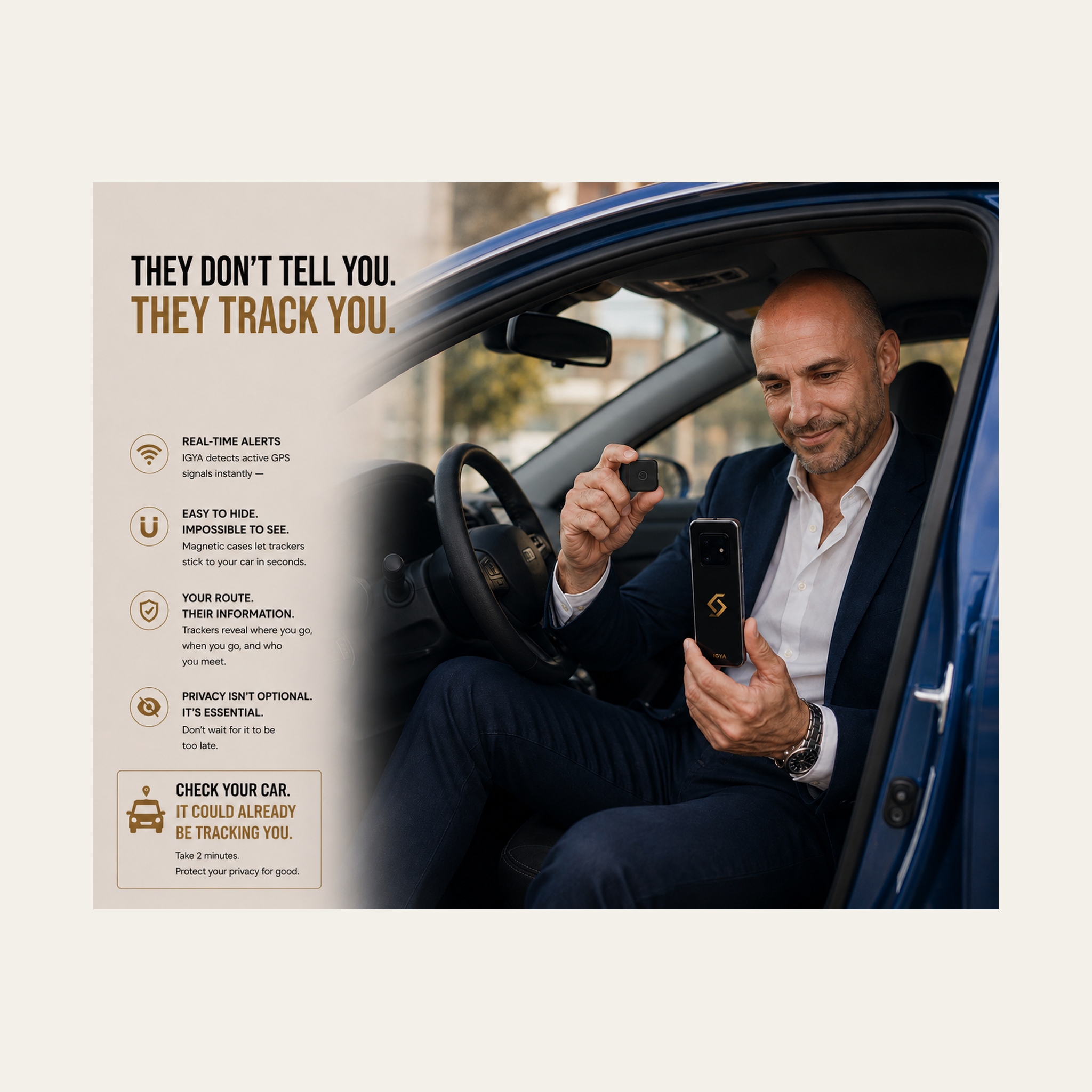 Black IGYA intelligent detector in a car, held by a driver next to tracking info card